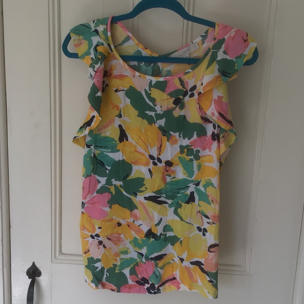 LOFT Floral Ruffle Sleeveless Blouse Yellow Pink Green Flower Shell Large, New